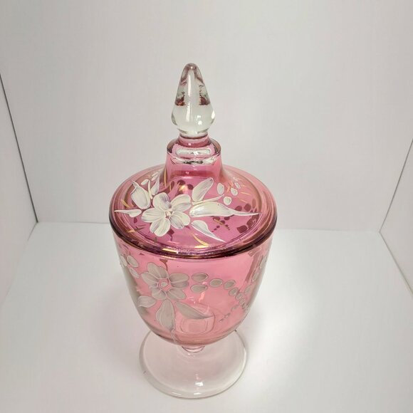 Cranberry Style Glass Lidded Candy Jar with White Hand-Painted Detail - Picture 3 of 9